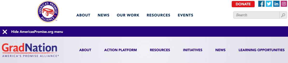 The collapsible header for the main America's Promise Alliance website on the GranNation microsite.